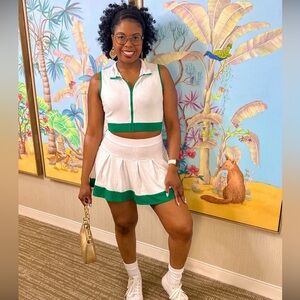 White and Green Sleeveless Crop Top and Skirt Set